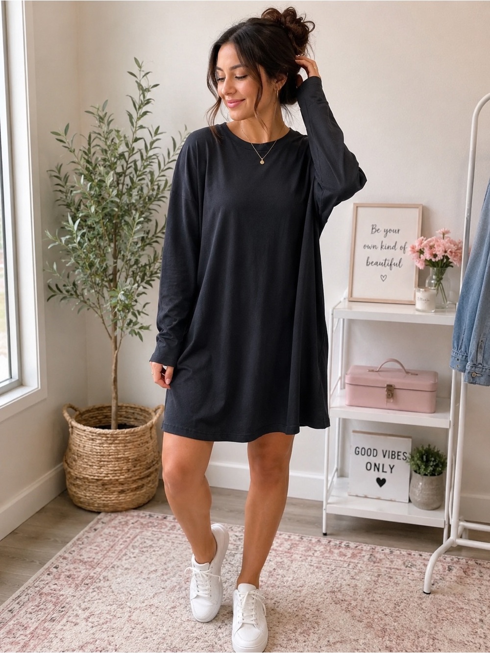Double Zero- Long Sleeve Lounge Dress- Black